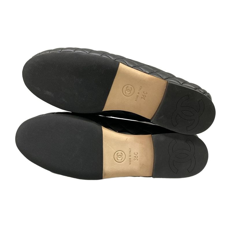 Chanel Loafers 36 C Quilted Black Silver Coco Charm Lambskin