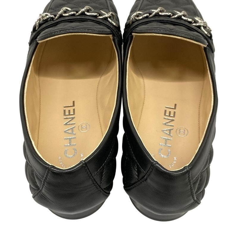 Chanel Loafers 36 C Quilted Black Silver Coco Charm Lambskin