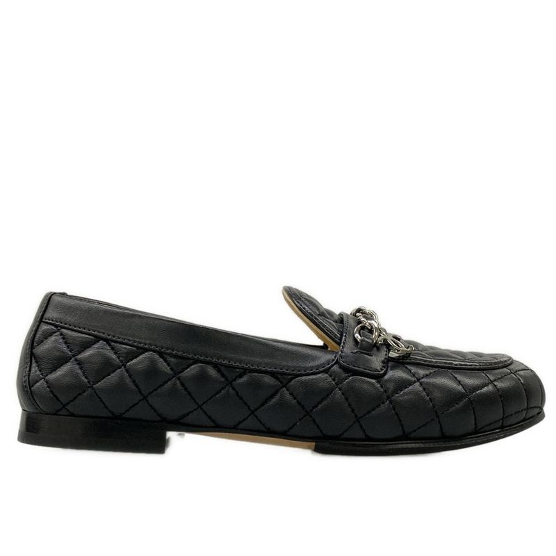 Chanel Loafers 36 C Quilted Black Silver Coco Charm Lambskin