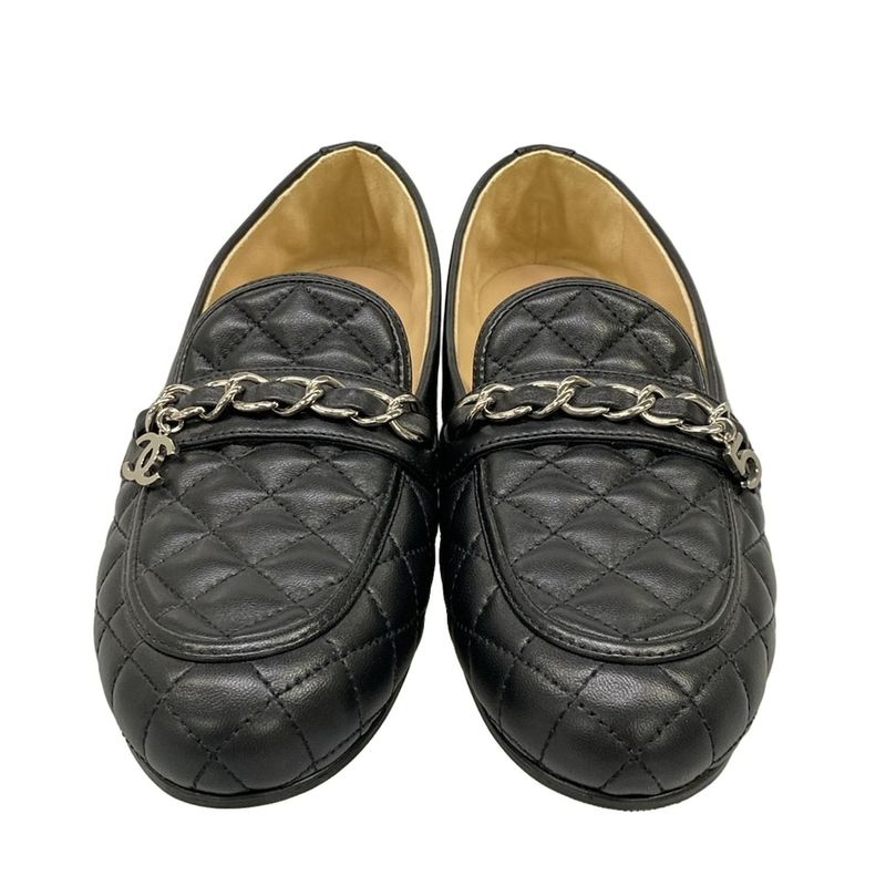 Chanel Loafers 36 C Quilted Black Silver Coco Charm Lambskin