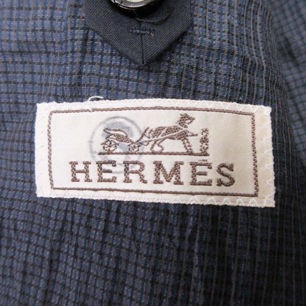 Hermes Plaid Washer Tailored Jacket Single 2 Buttons Blue Leather Linen Blend