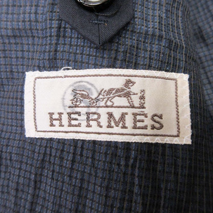Hermes Plaid Washer Tailored Jacket Single 2 Buttons Blue Leather Linen Blend