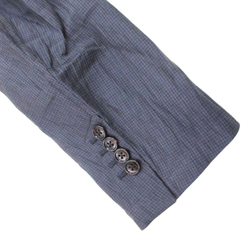 Hermes Plaid Washer Tailored Jacket Single 2 Buttons Blue Leather Linen Blend