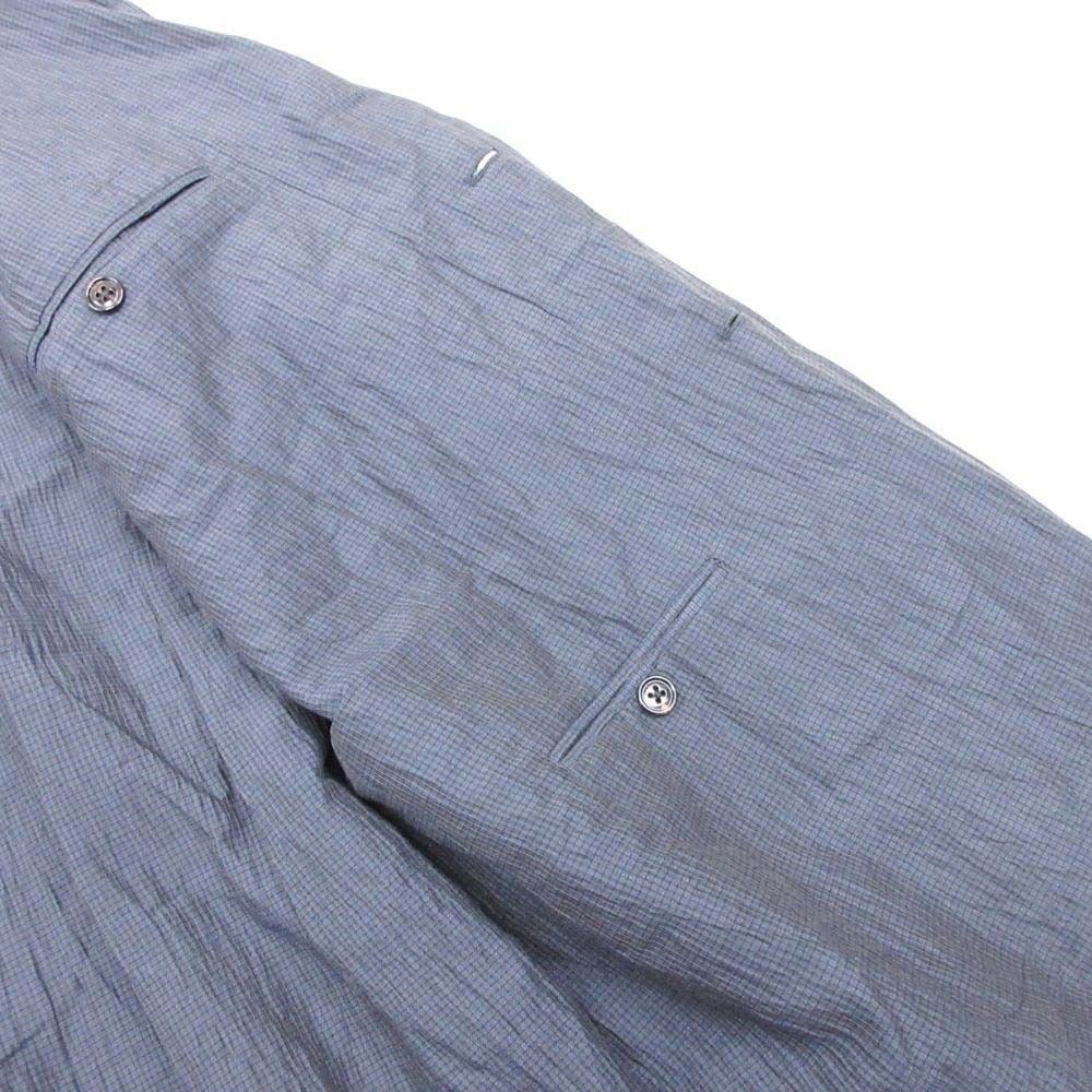 Hermes Plaid Washer Tailored Jacket Single 2 Buttons Blue Leather Linen Blend