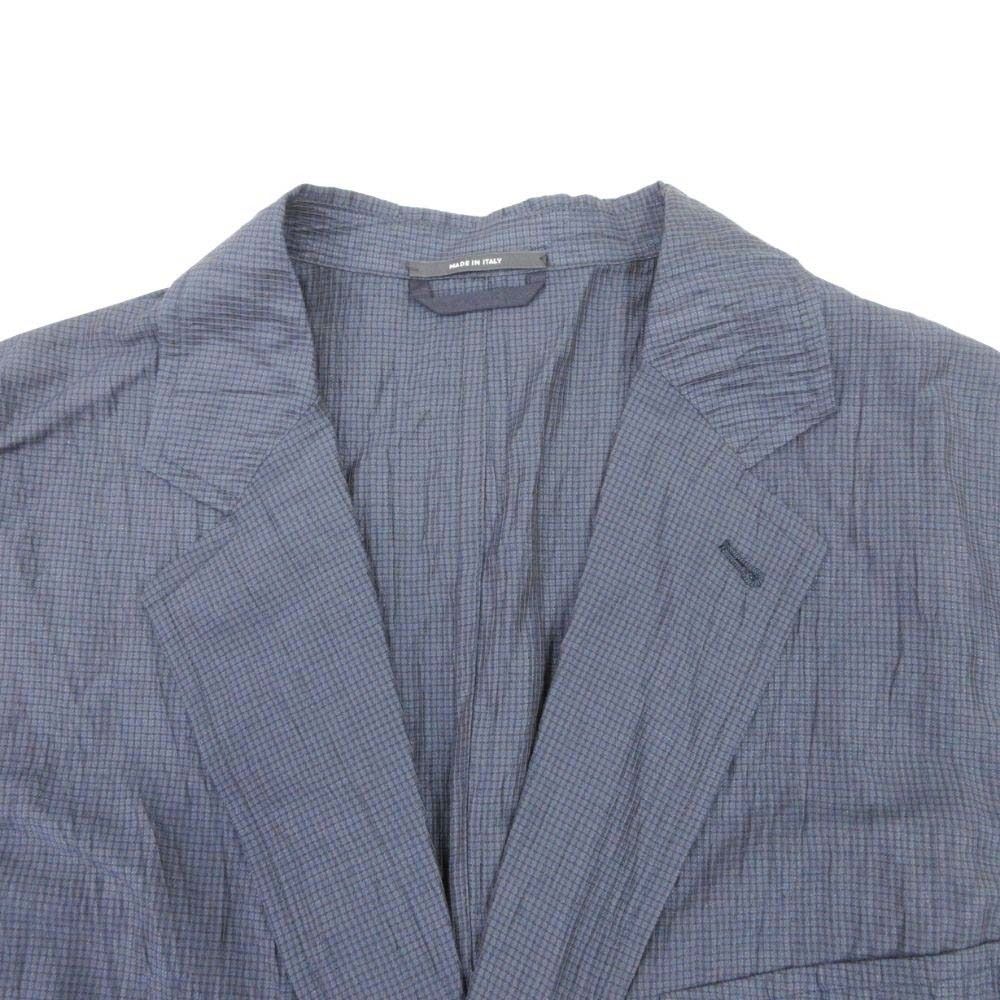Hermes Plaid Washer Tailored Jacket Single 2 Buttons Blue Leather Linen Blend