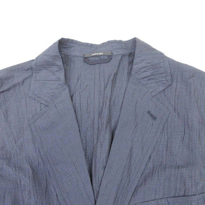 Hermes Plaid Washer Tailored Jacket Single 2 Buttons Blue Leather Linen Blend