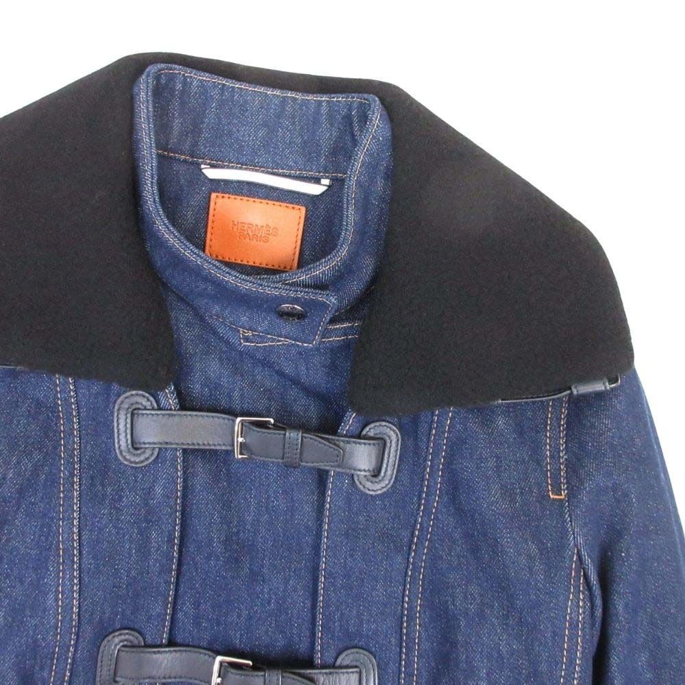 Hermes Shearling Leather Color 2-Way Long Coat 34 Indigo Blue