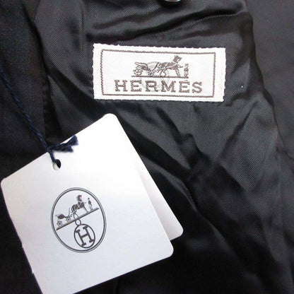 Hermes Check Pattern Patted Tailored Jacket Blue Leather Single 3 Buttons 46