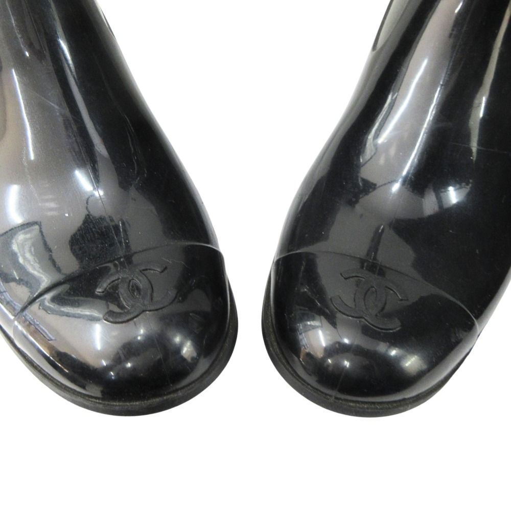 Chanel Camellia Rain Boots Shoes CC Logo Gold 36 Black