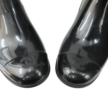 Chanel Camellia Rain Boots Shoes CC Logo Gold 36 Black