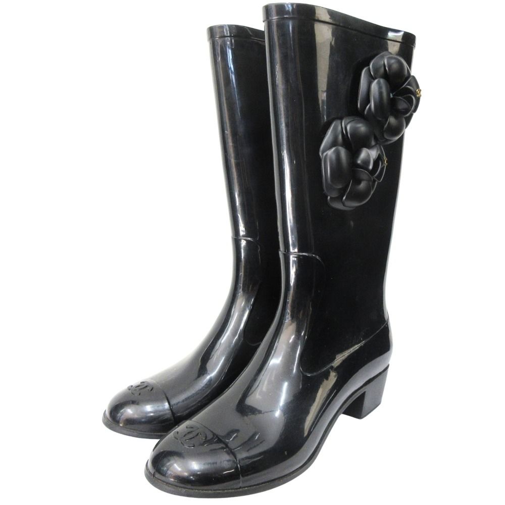 Chanel Camellia Rain Boots Shoes CC Logo Gold 36 Black
