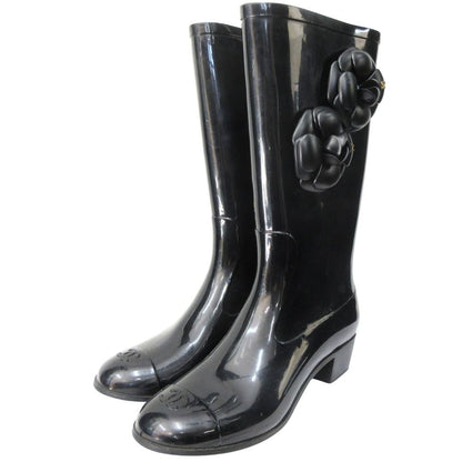 Chanel Camellia Rain Boots Shoes CC Logo Gold 36 Black