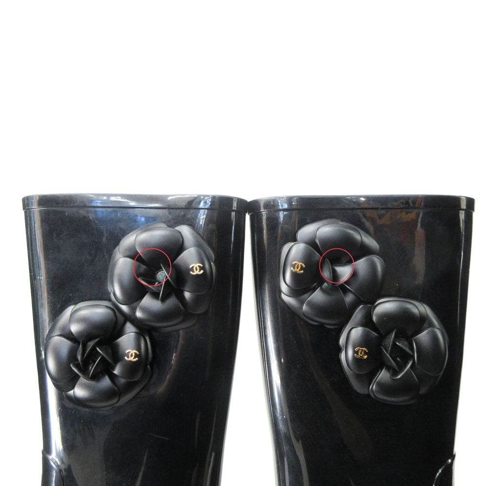 Chanel Camellia Rain Boots Shoes CC Logo Gold 36 Black