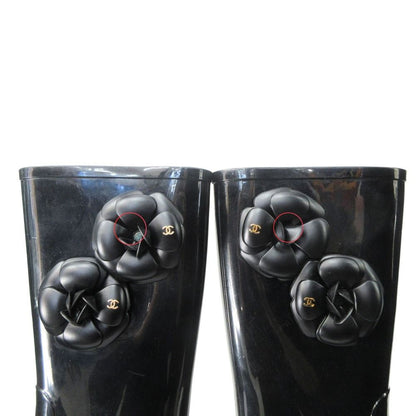 Chanel Camellia Rain Boots Shoes CC Logo Gold 36 Black