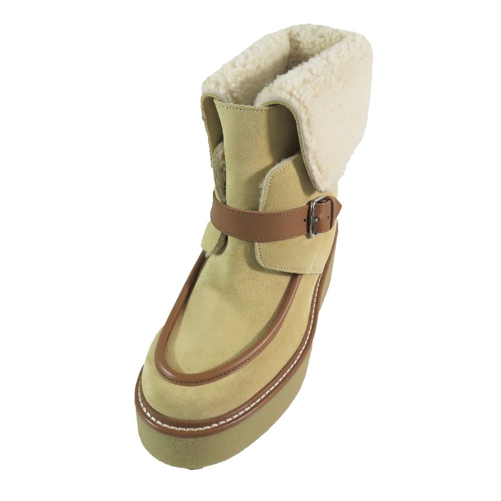 Hermes Suede Leather Shearling Short Boots Platform Belt Shoes Beige