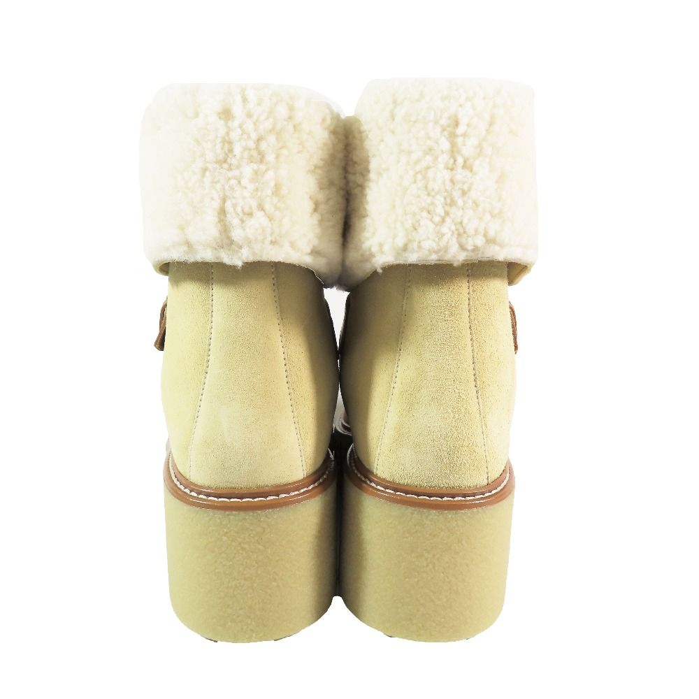 Hermes Suede Leather Shearling Short Boots Platform Belt Shoes Beige