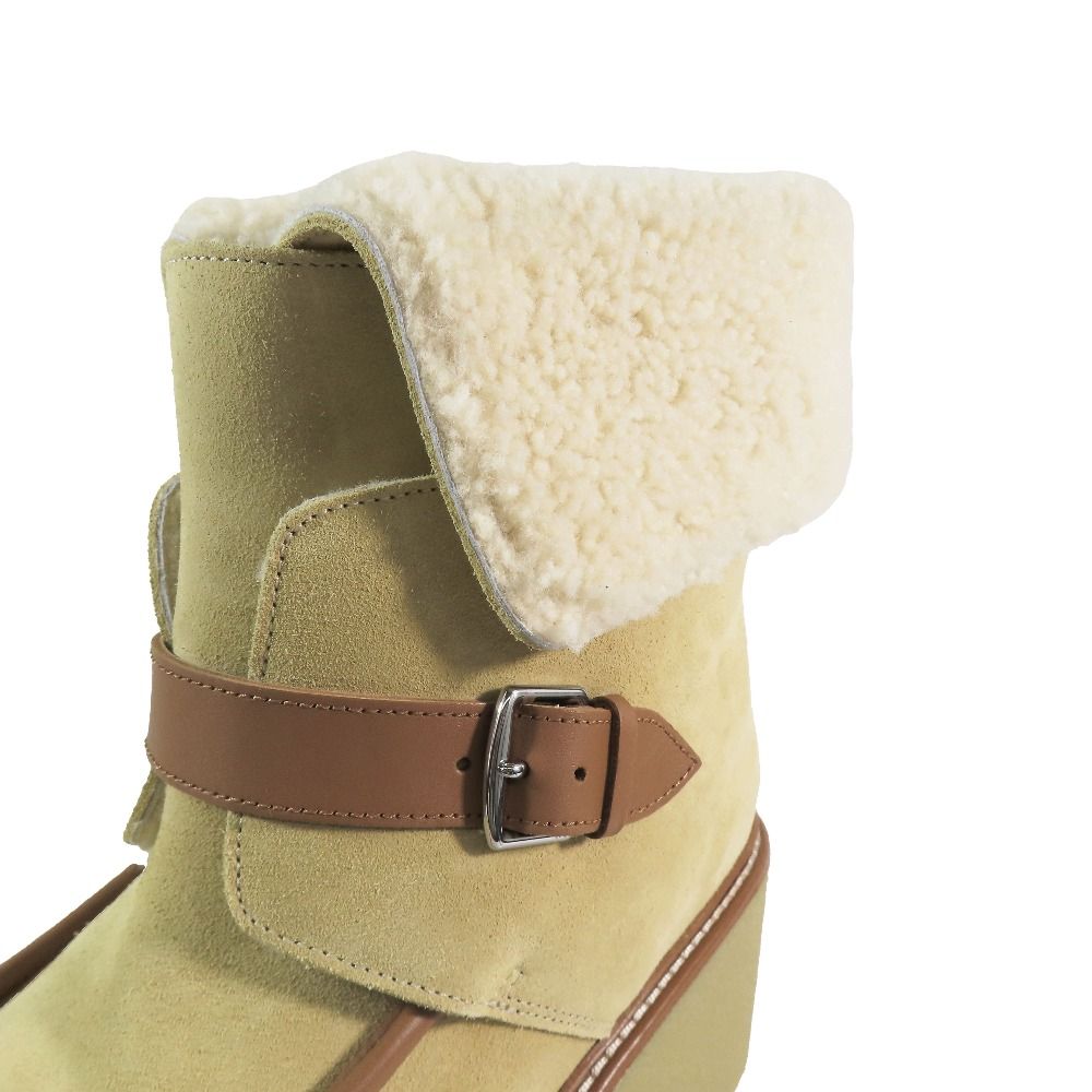 Hermes Suede Leather Shearling Short Boots Platform Belt Shoes Beige