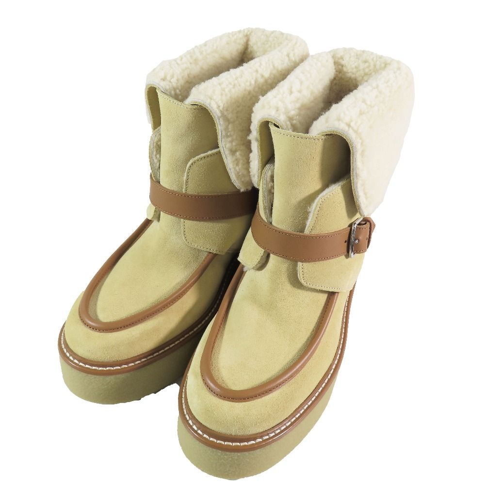 Hermes Suede Leather Shearling Short Boots Platform Belt Shoes Beige