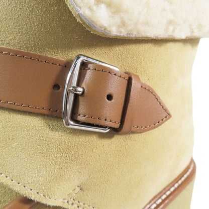 Hermes Suede Leather Shearling Short Boots Platform Belt Shoes Beige