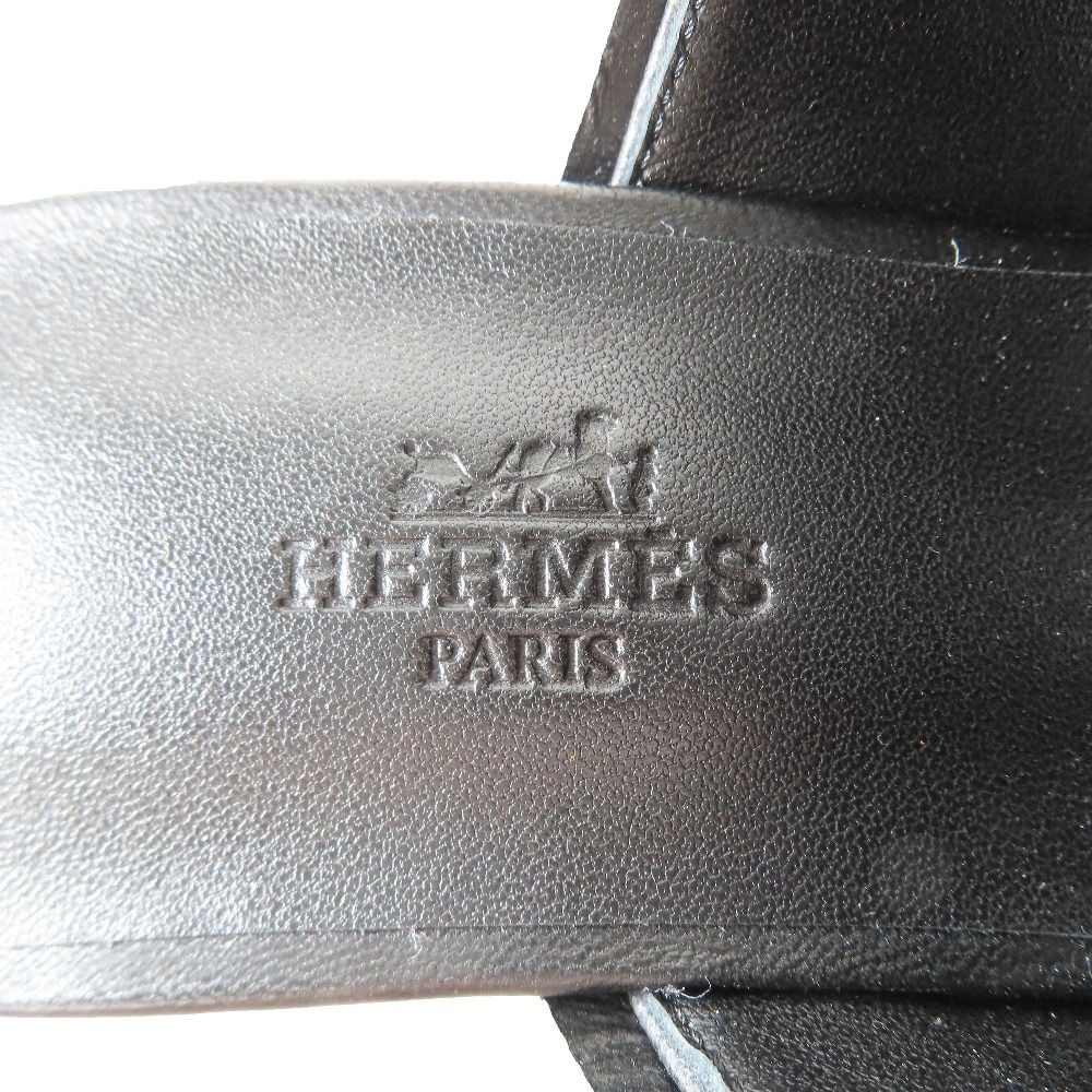 Hermes Hanna 95 Chene Gourmet Motif Leather Sandals Shoes Black