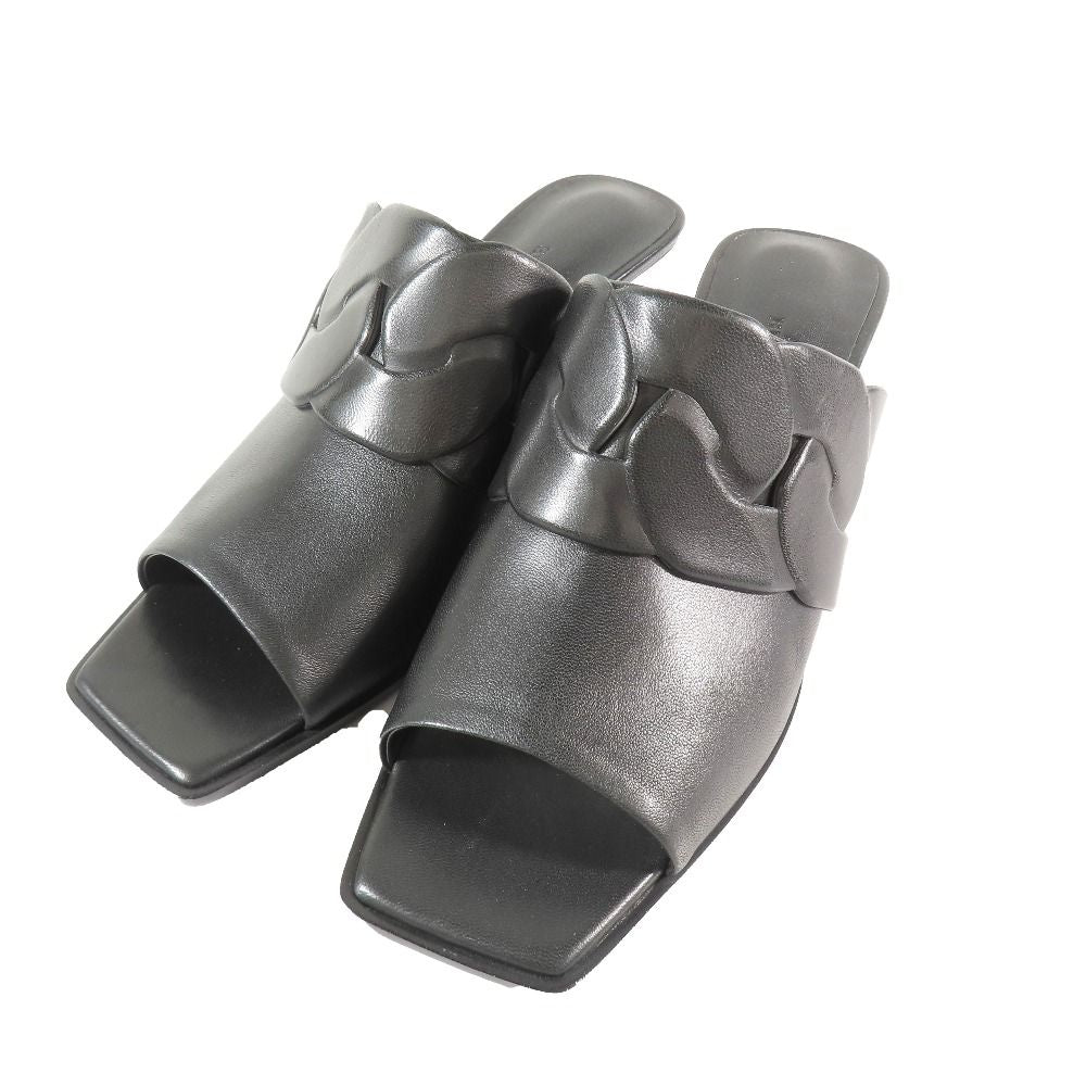 Hermes Hanna 95 Chene Gourmet Motif Leather Sandals Shoes Black