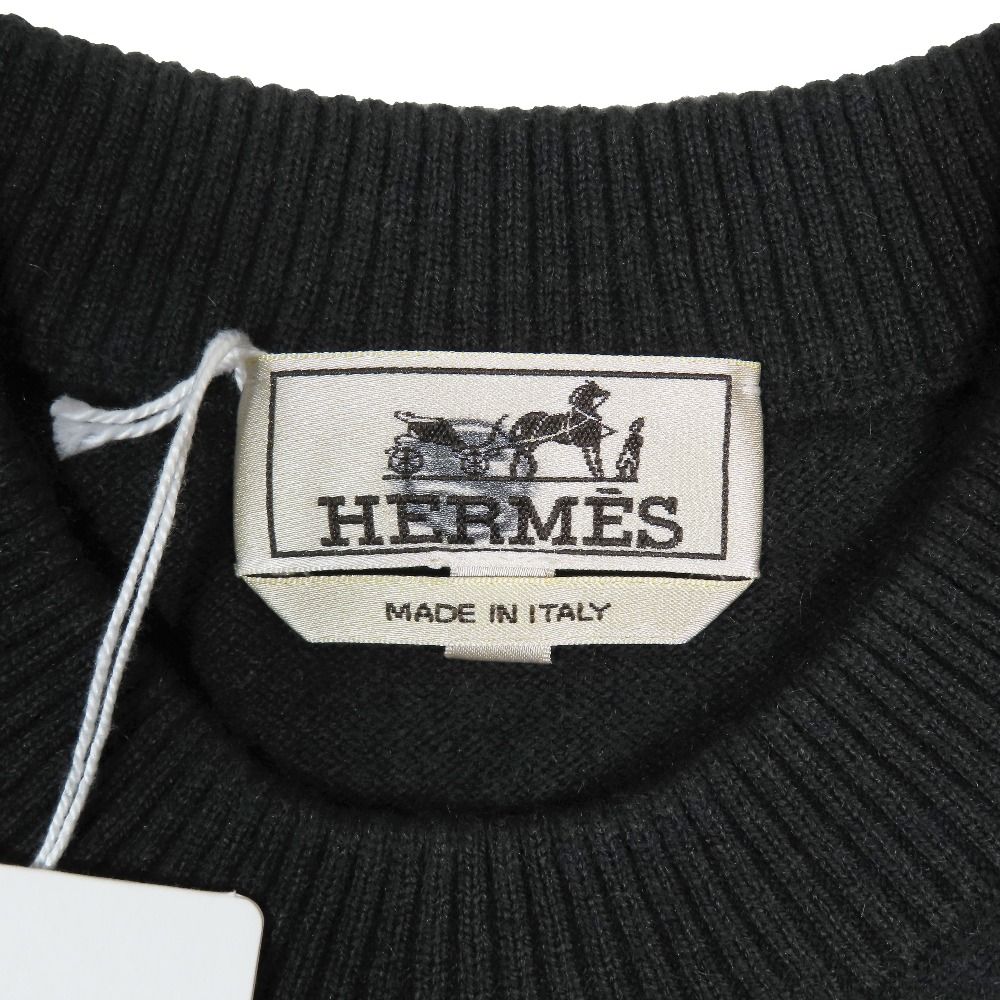 Hermes Cashmere Jacquard Knit Sweater Crew Neck Wave Embossed Pullover Dark