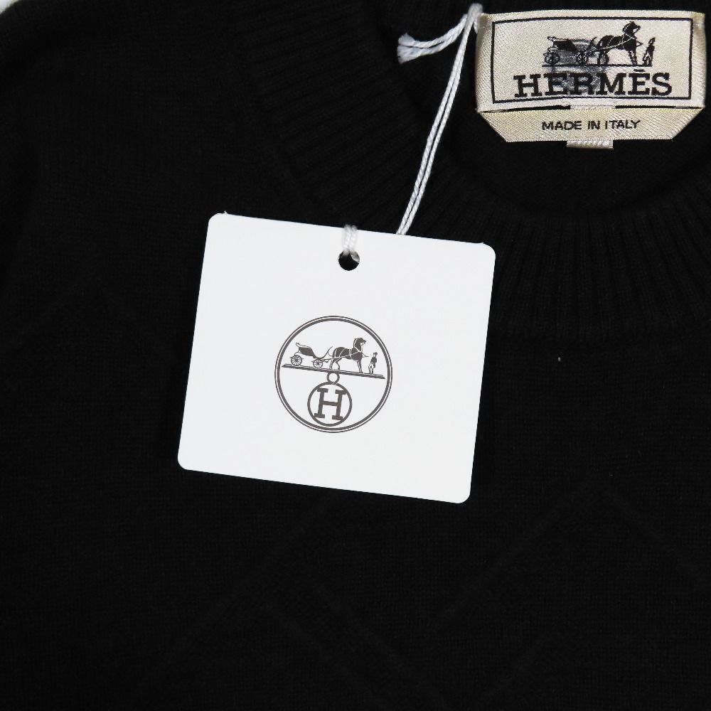 Hermes Cashmere Jacquard Knit Sweater Crew Neck Wave Embossed Pullover Dark