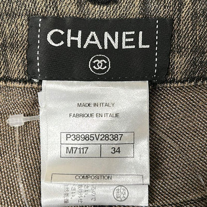 Chanel Jeans 34 S Quilted Brown Black Silver Turnlock CC Logo Cotton
