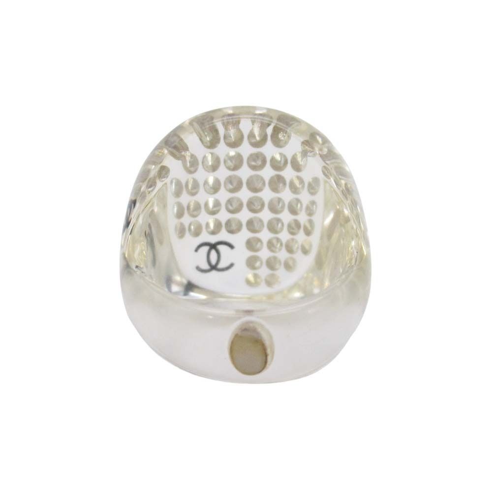 Chanel Vintage Line Stone CC Logo Clear Round Ring Transparent