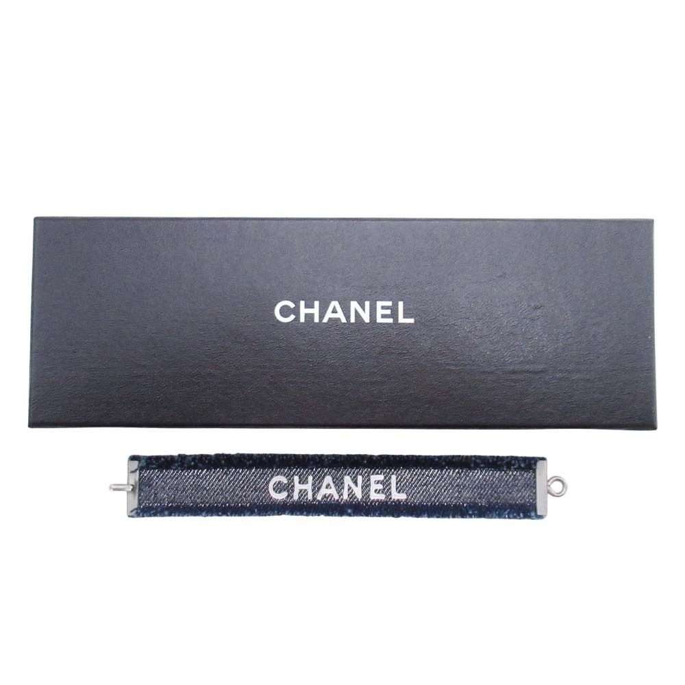 Chanel Vintage Cutoff Denim Bracelet Logo Bangle Indigo Silver