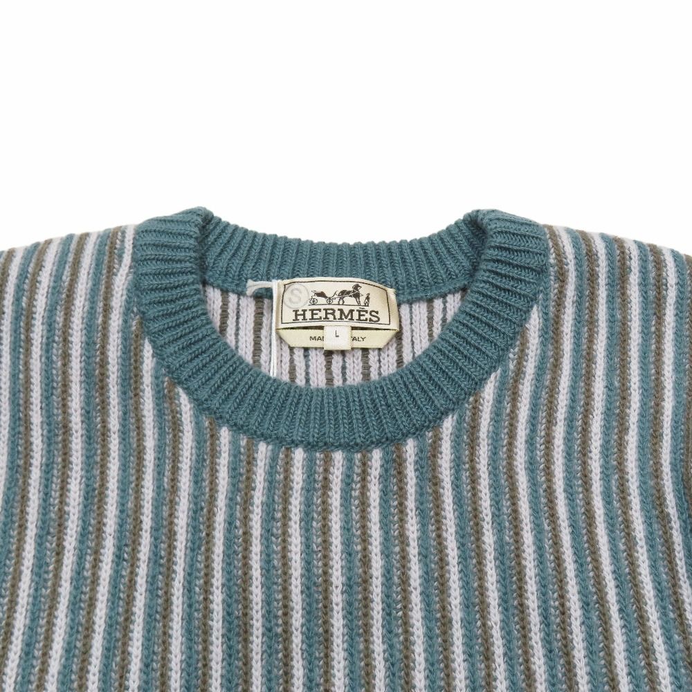 Hermes Wool Cashmere Sweater Knit Long Sleeve Crew Neck Top Striped All Over