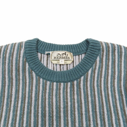 Hermes Wool Cashmere Sweater Knit Long Sleeve Crew Neck Top Striped All Over