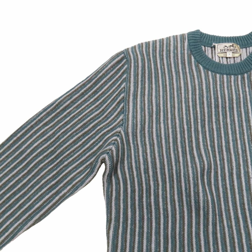 Hermes Wool Cashmere Sweater Knit Long Sleeve Crew Neck Top Striped All Over