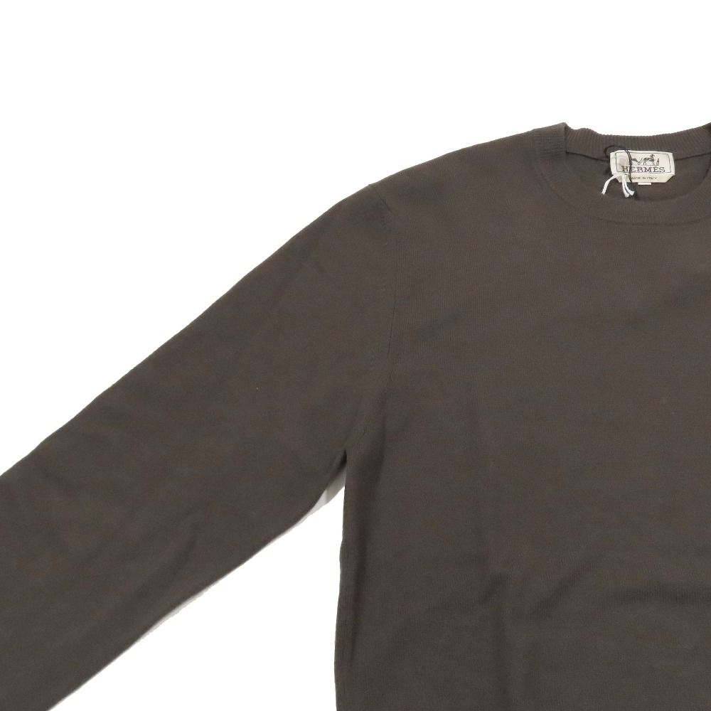 Hermes Wool Knit Sweater Long Sleeve Lambskin Braided Stitch Top M Dark Brown