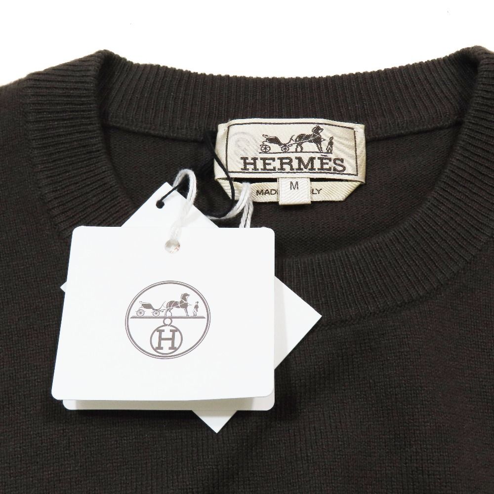 Hermes Wool Knit Sweater Long Sleeve Lambskin Braided Stitch Top M Dark Brown