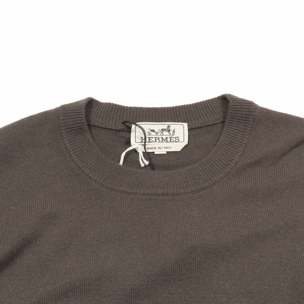 Hermes Wool Knit Sweater Long Sleeve Lambskin Braided Stitch Top M Dark Brown