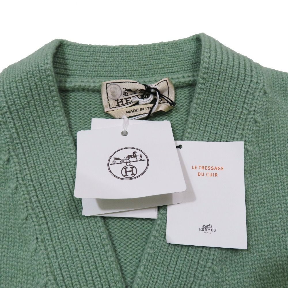 Hermes Cardigan Knit Sweater Long Sleeve Neck Lambskin Leather Braided Stitch
