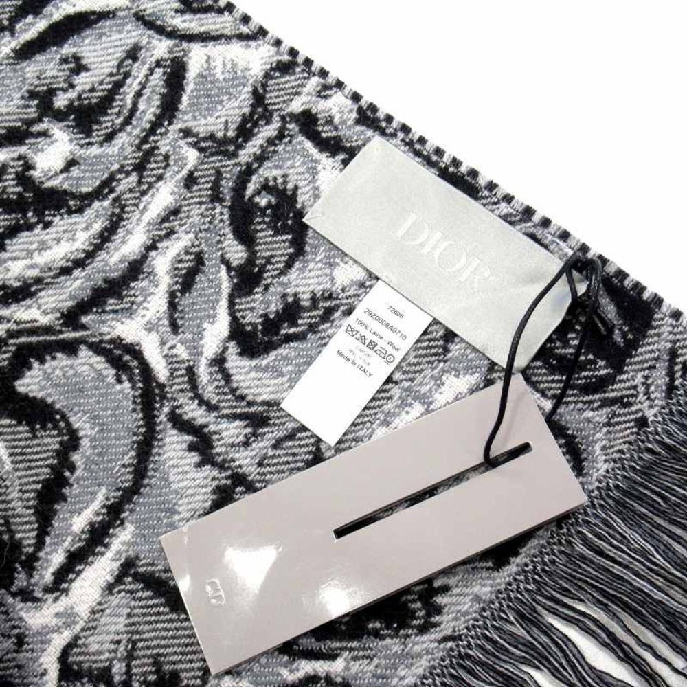 Dior Jardin All Over Pattern Throw Wool Large Shawl Logo Black Gray Scarf