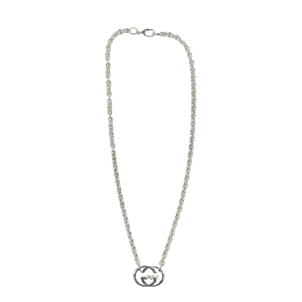 Gucci Polished Interlocking Logo Chain Necklace GG Pendant Silver