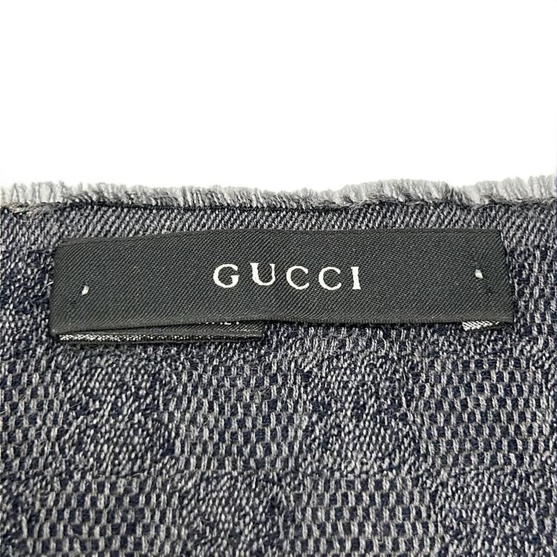 Gucci Scarf Dark Gray Gold GG Pattern Striped Wool