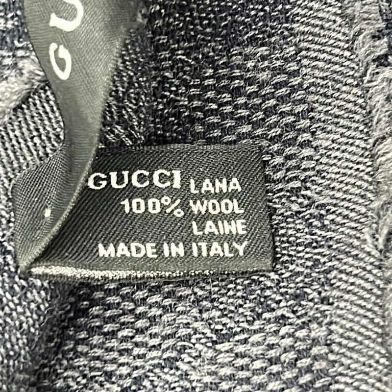 Gucci Scarf Dark Gray Gold GG Pattern Striped Wool