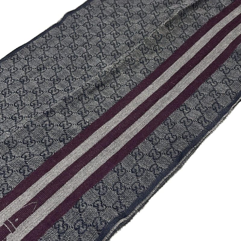 Gucci Scarf Dark Gray Gold GG Pattern Striped Wool
