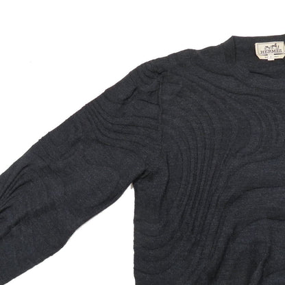 Hermes Wool Knit Sweater Long Sleeve Crew Neck Wave Embossed Top S Black
