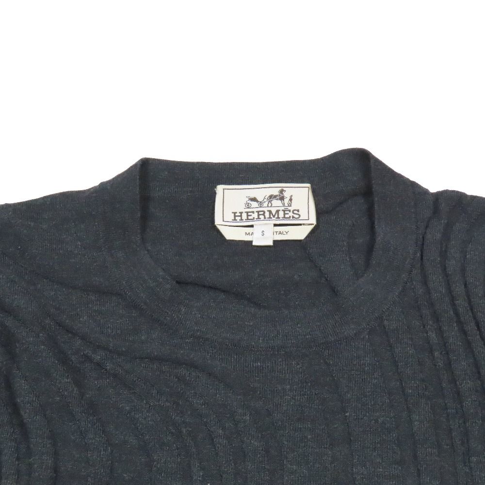 Hermes Wool Knit Sweater Long Sleeve Crew Neck Wave Embossed Top S Black