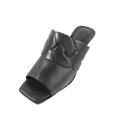 Hermes Hanna 95 Chene Gourmet Motif Leather Sandals Shoes Black