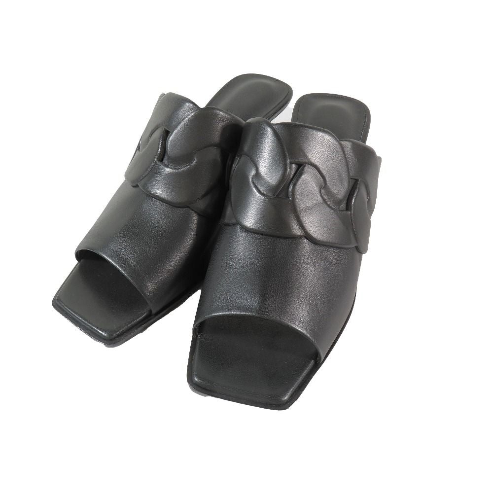 Hermes Hanna 95 Chene Gourmet Motif Leather Sandals Shoes Black