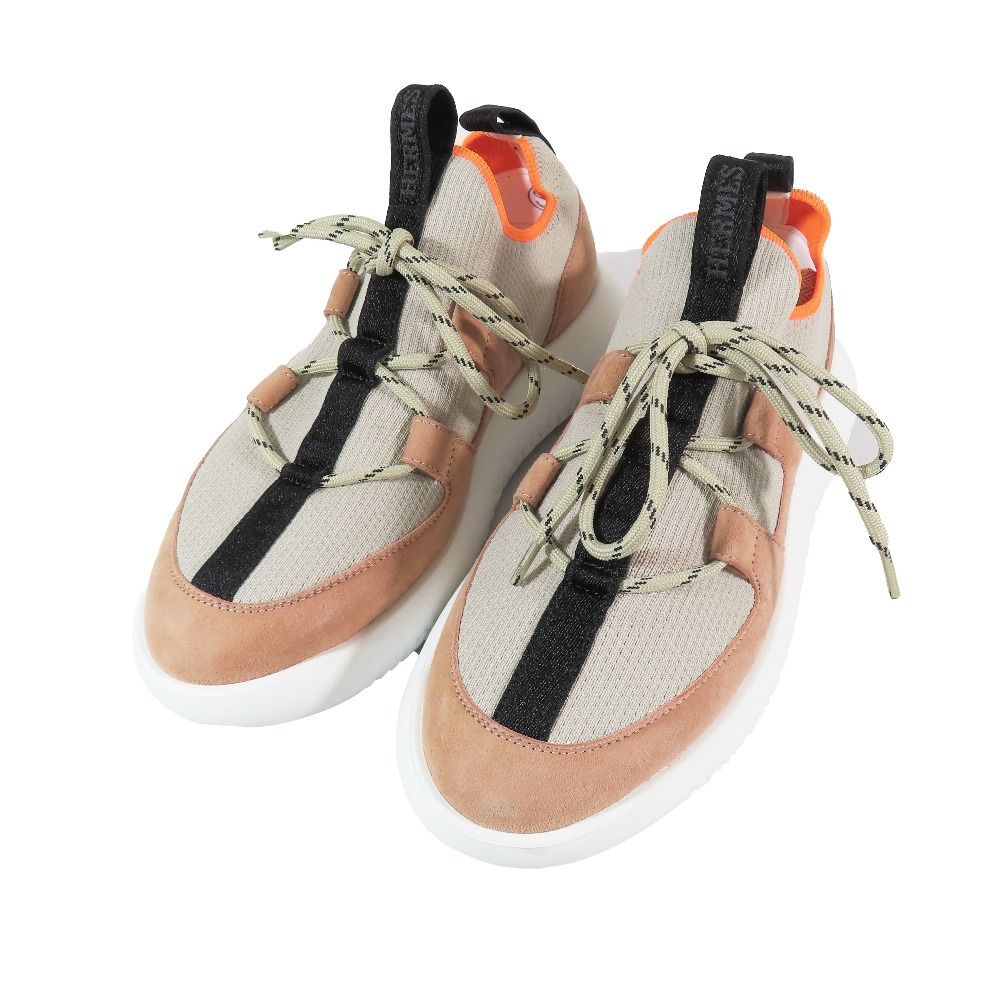 Hermes Duel Low Cut Sneakers Suede Leather Lace Up Shoes Gray Pink