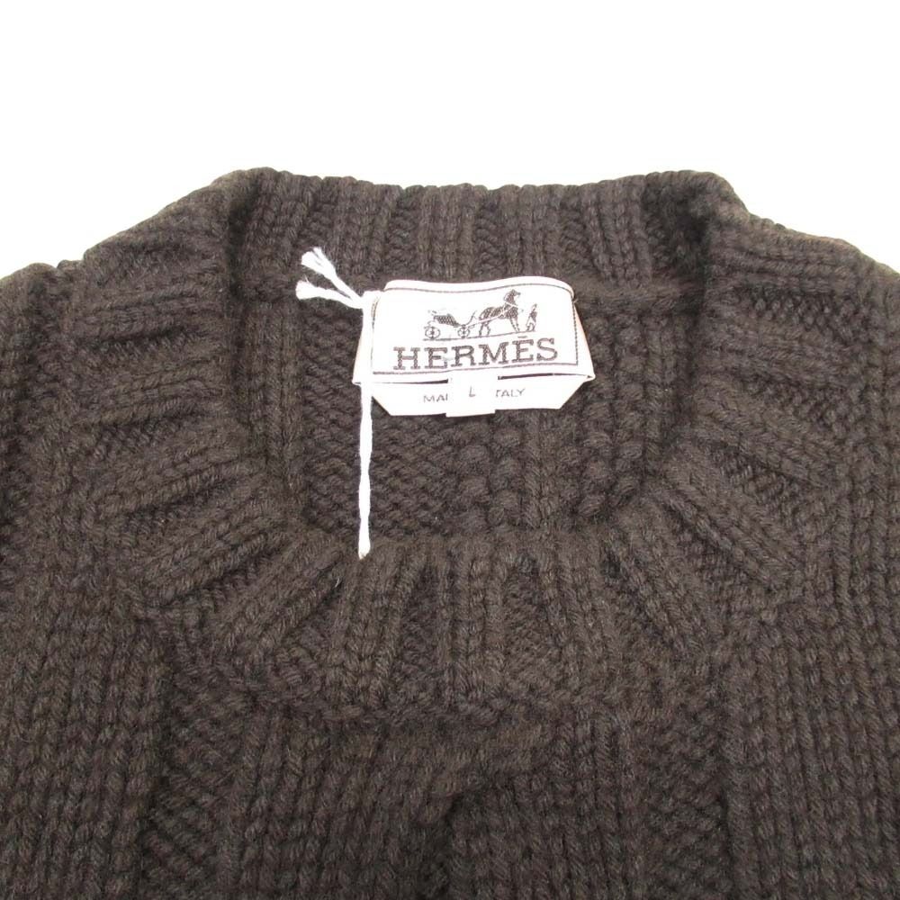 Hermes Wool Cashmere Knit Color Panel Cable Sweater L Brown Black