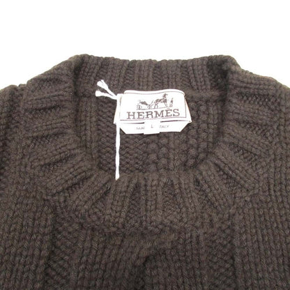 Hermes Wool Cashmere Knit Color Panel Cable Sweater L Brown Black