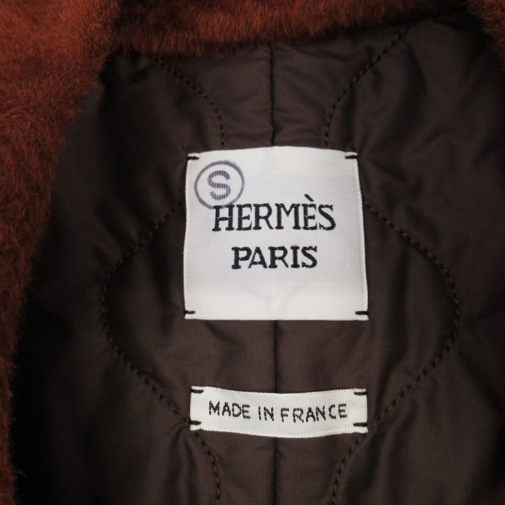Hermes Alpaca Wool Long Vest Sleeveless Quilted Coat Wood Series